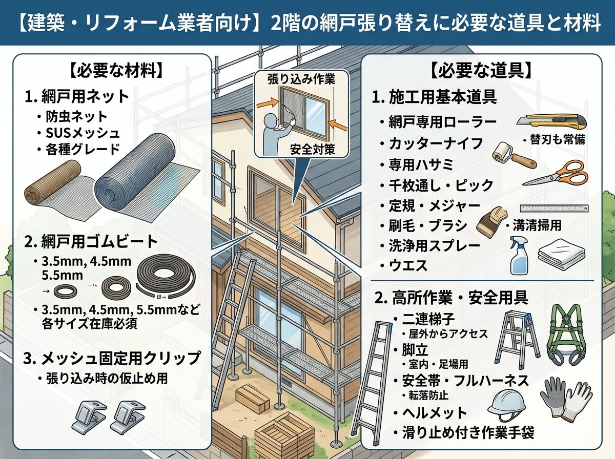 2階の網戸張り替えに必要な道具と材料