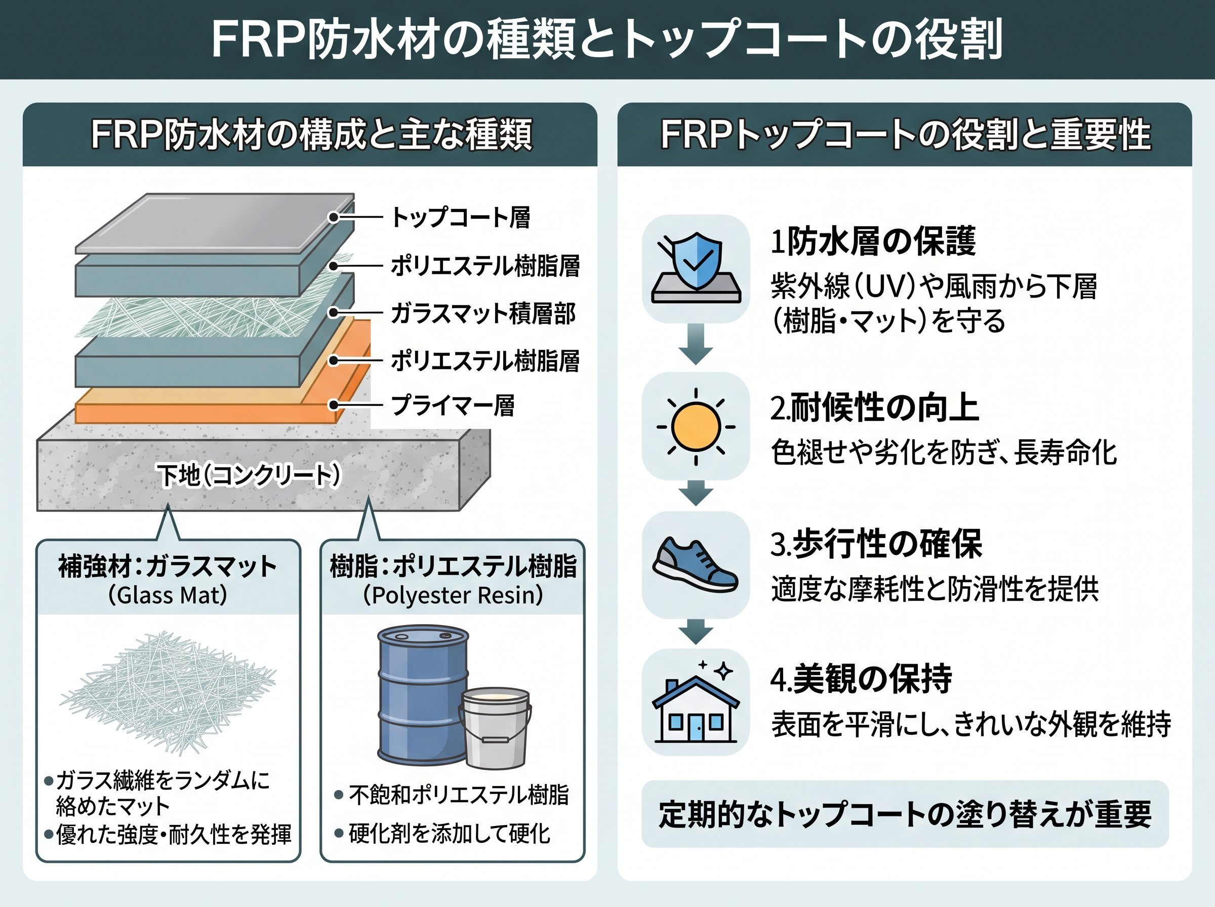 FRP防水材 種類：ガラスマット ポリエステル樹脂 トップコートの役割