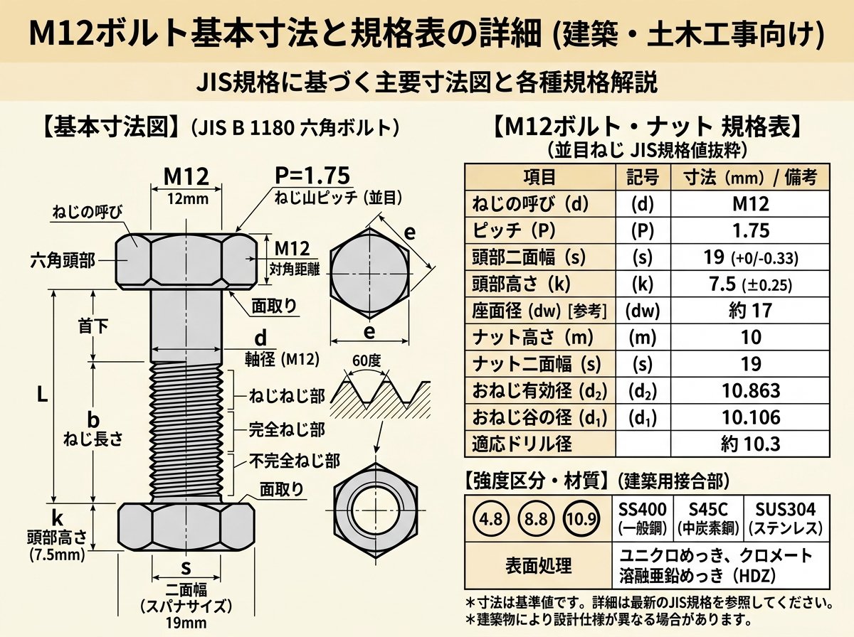 M12ボルト基本寸法と規格表の詳細