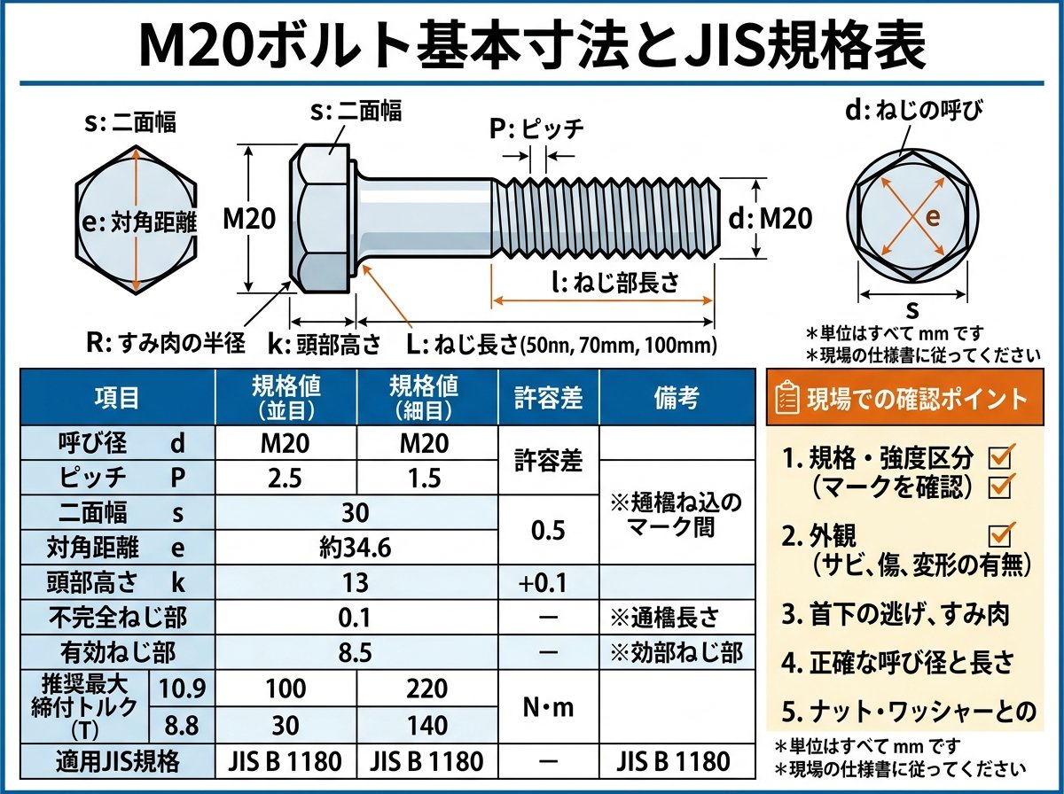 M20ボルト基本寸法とJIS規格表