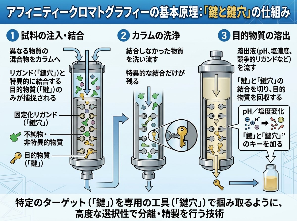 アフィニティークロマトグラフィーの基本原理：「鍵と鍵穴」の仕組み