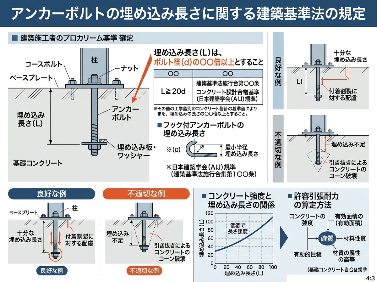 アンカーボルトの埋め込み長さに関する建築基準法の規定
