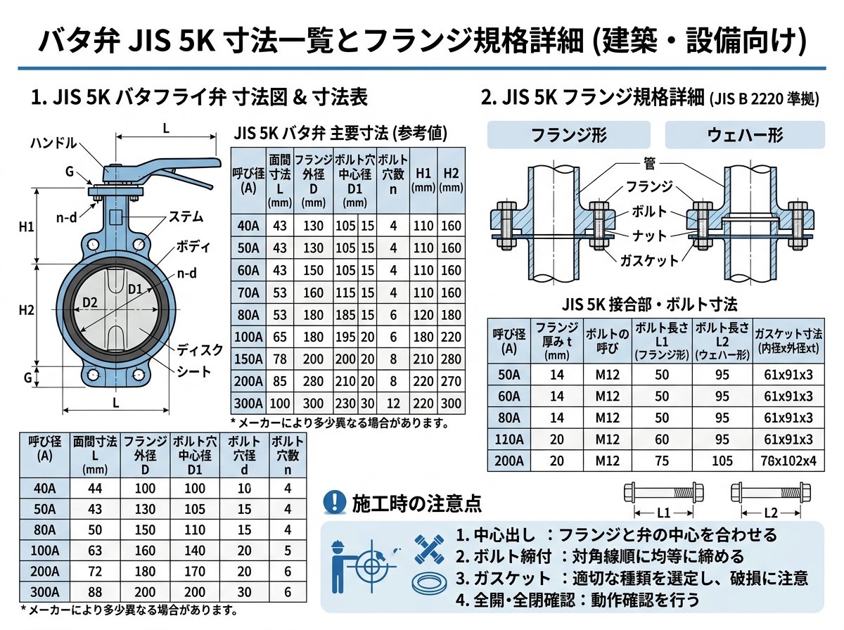 バタ弁JIS5K寸法一覧とフランジ規格詳細