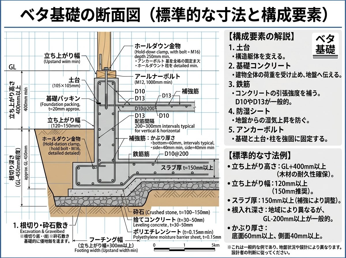 ベタ基礎の断面図における標準的な寸法と構成要素
