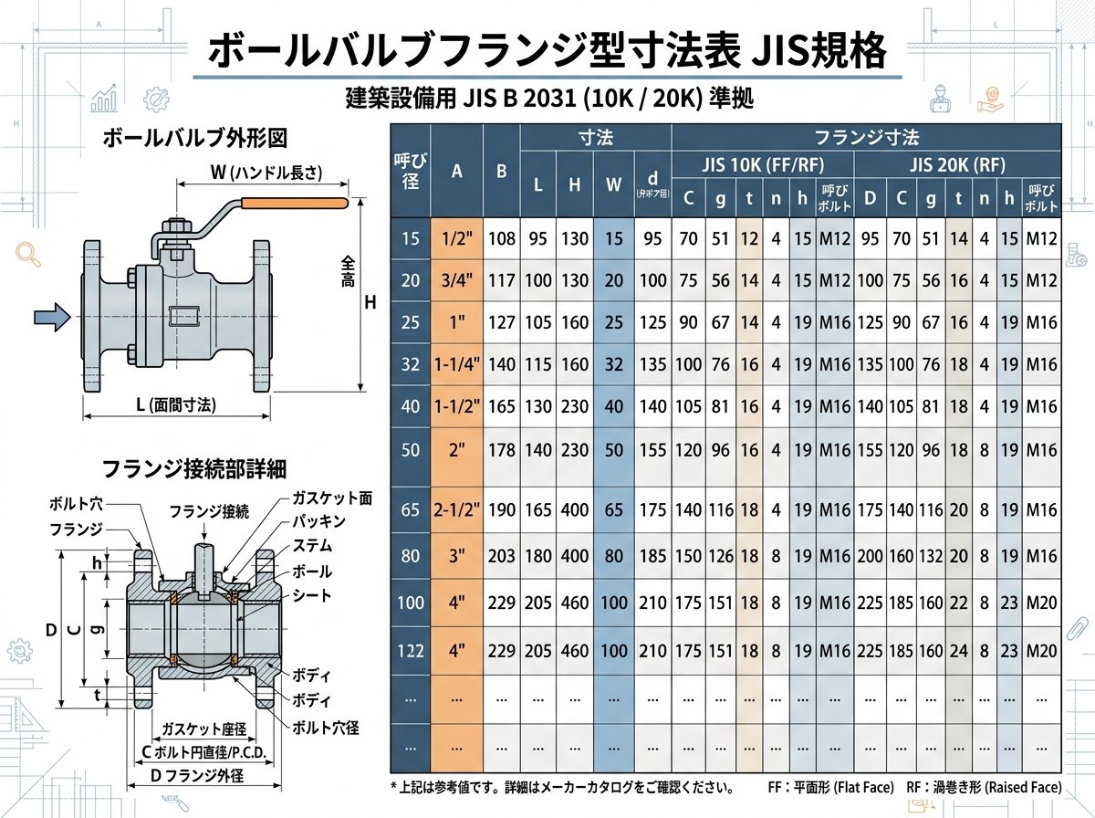 ボールバルブフランジ型寸法表JIS規格
