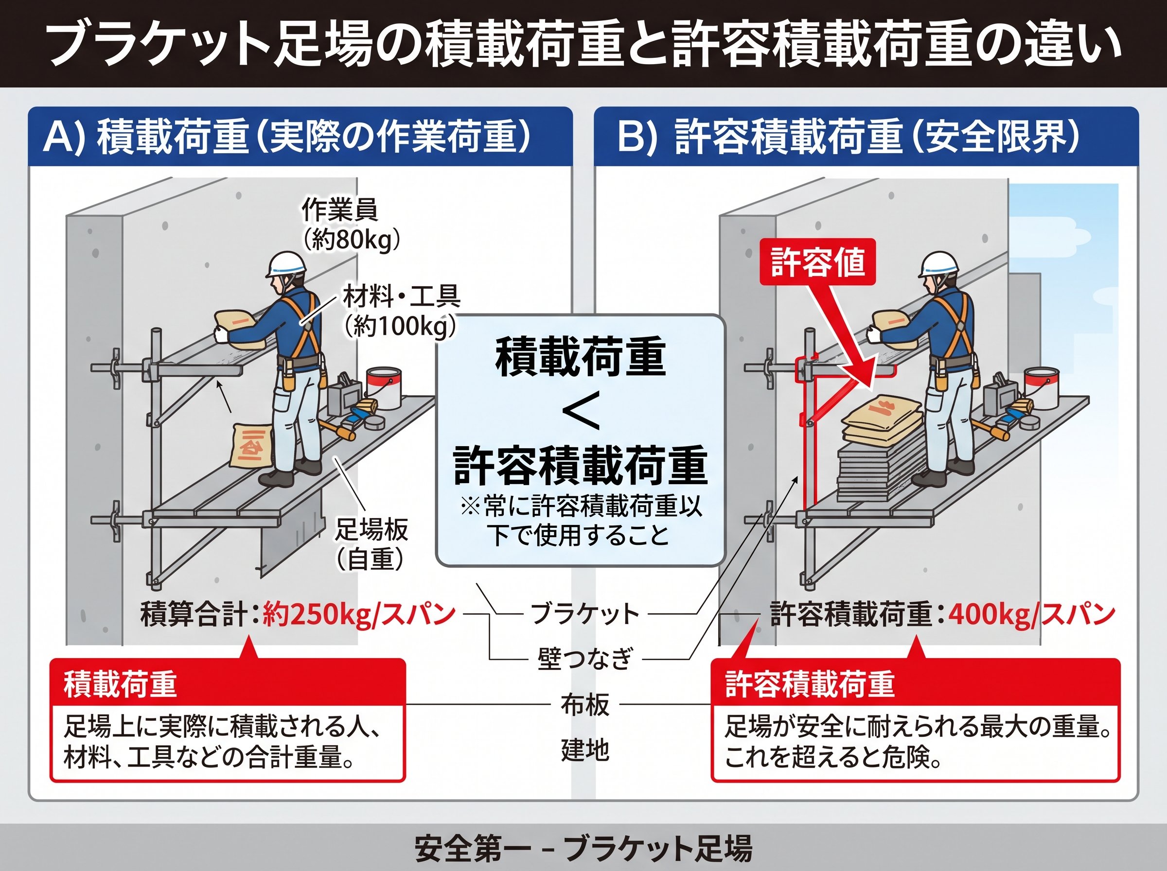 ブラケット足場の積載荷重と許容積載荷重の違い