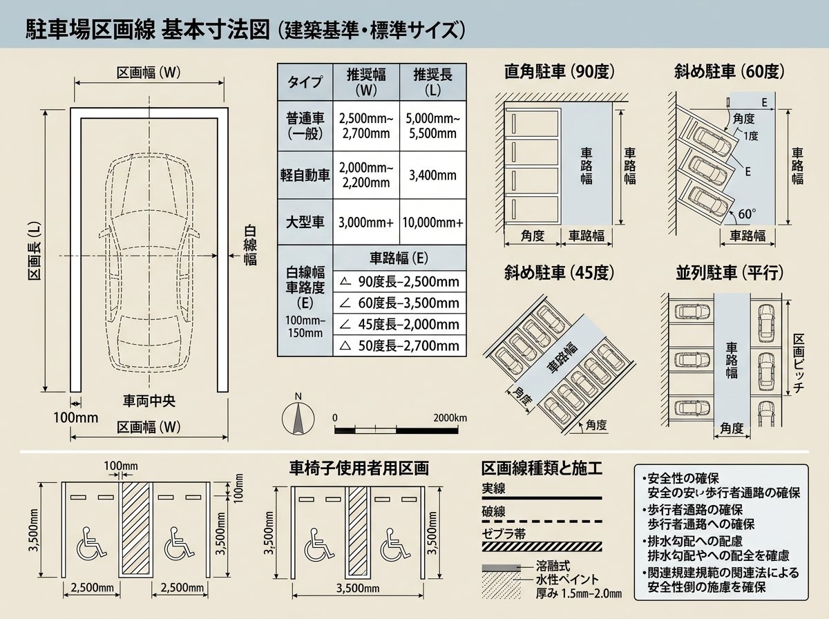 駐車場区画線基本寸法と標準サイズ