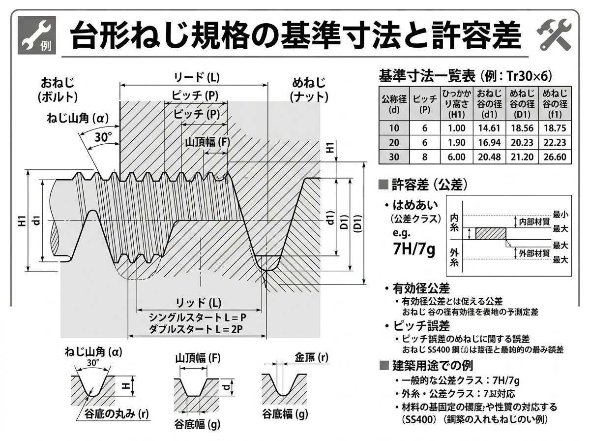 台形ねじ規格の基準寸法と許容差