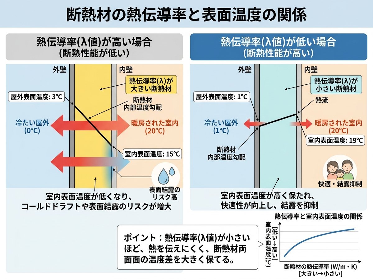 断熱材の熱伝導率と表面温度の関係