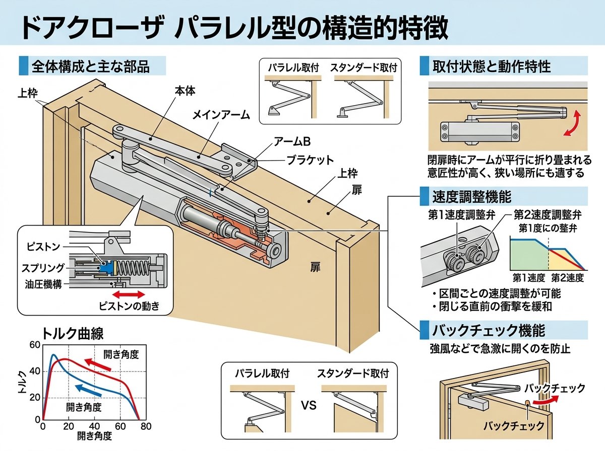 ドアクローザ パラレル型の構造的特徴