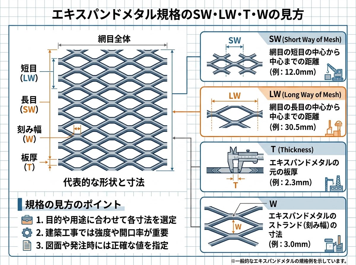 エキスパンドメタル規格のSW・LW・T・Wの見方