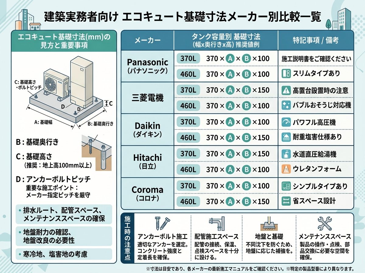 エコキュート基礎寸法メーカー別比較一覧