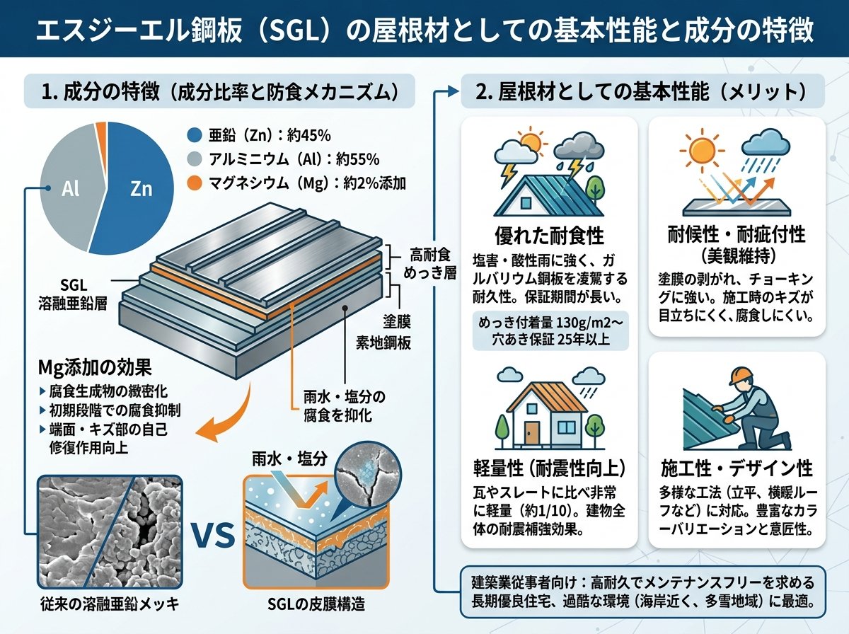 エスジーエル鋼板の屋根材としての基本性能と成分の特徴
