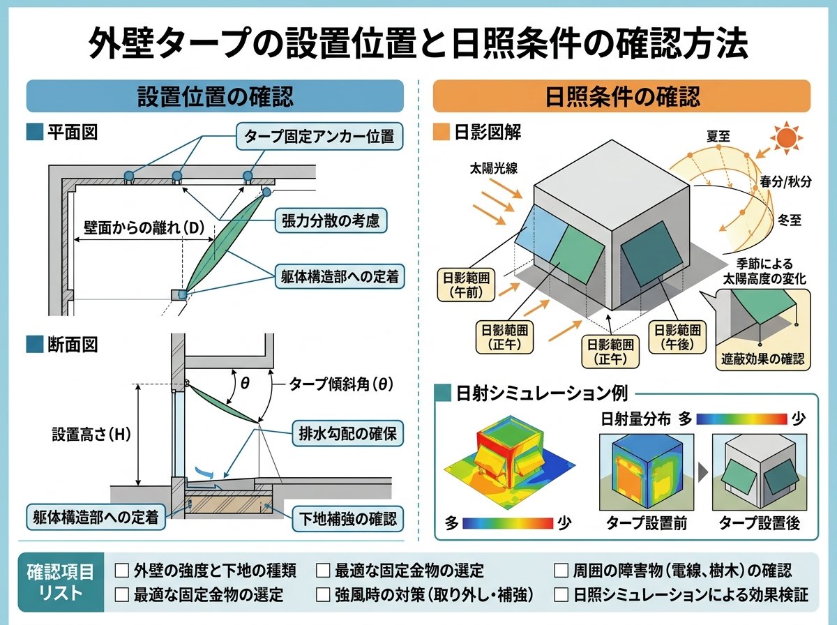外壁タープの設置位置と日照条件の確認方法