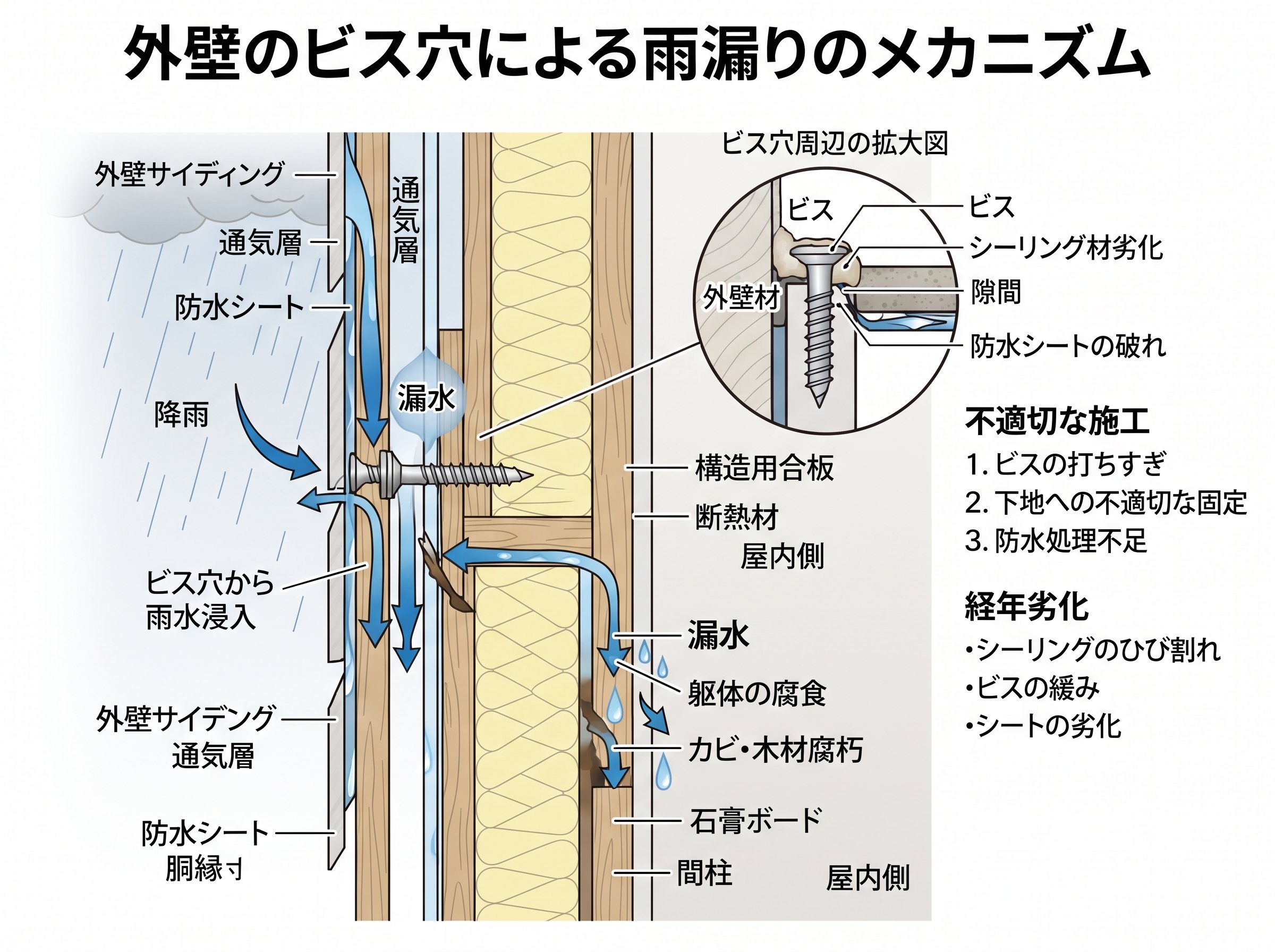 外壁のビス穴による雨漏りのメカニズム