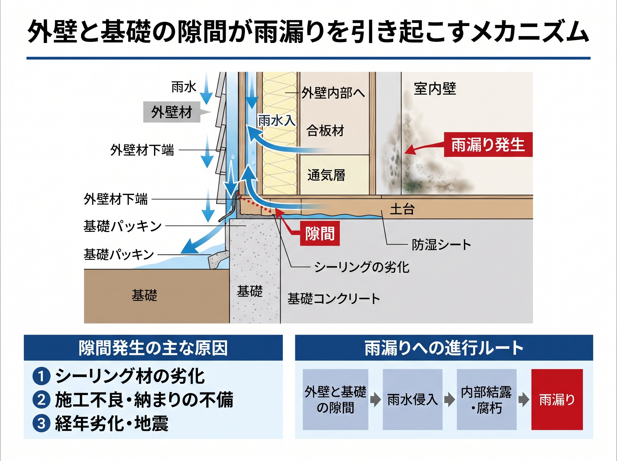 外壁と基礎の隙間が雨漏りを引き起こすメカニズム