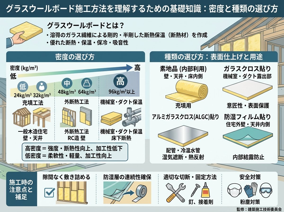 グラスウールボード施工方法を理解するための基礎知識：密度と種類の選び方