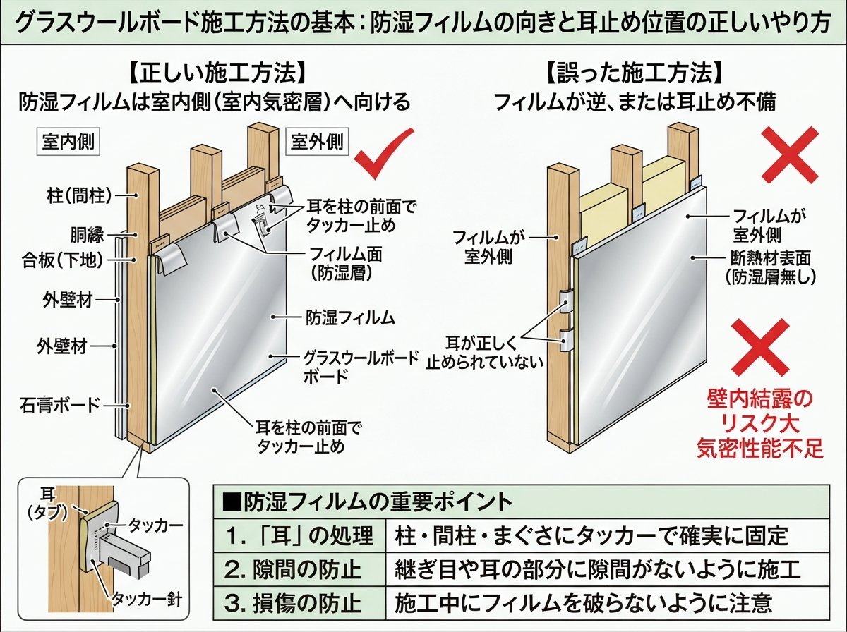 グラスウールボード施工方法の基本：防湿フィルムの向きと耳止め位置の正しいやり方