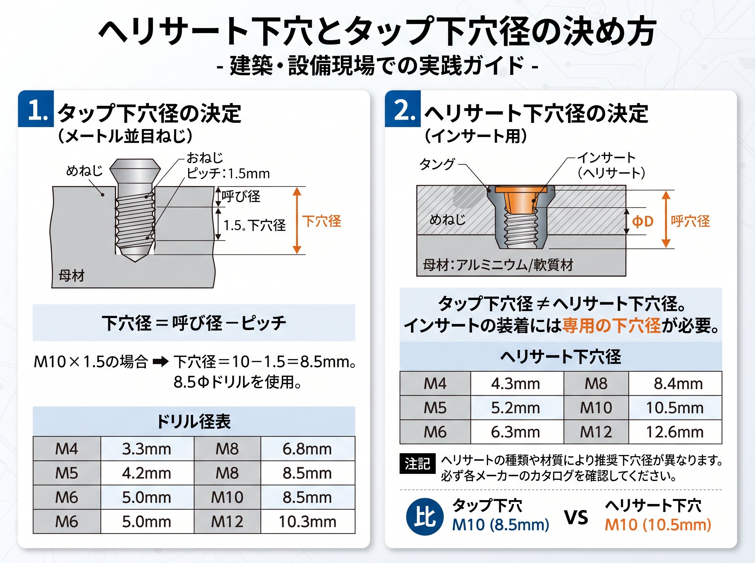 ヘリサート下穴とタップ下穴径の決め方