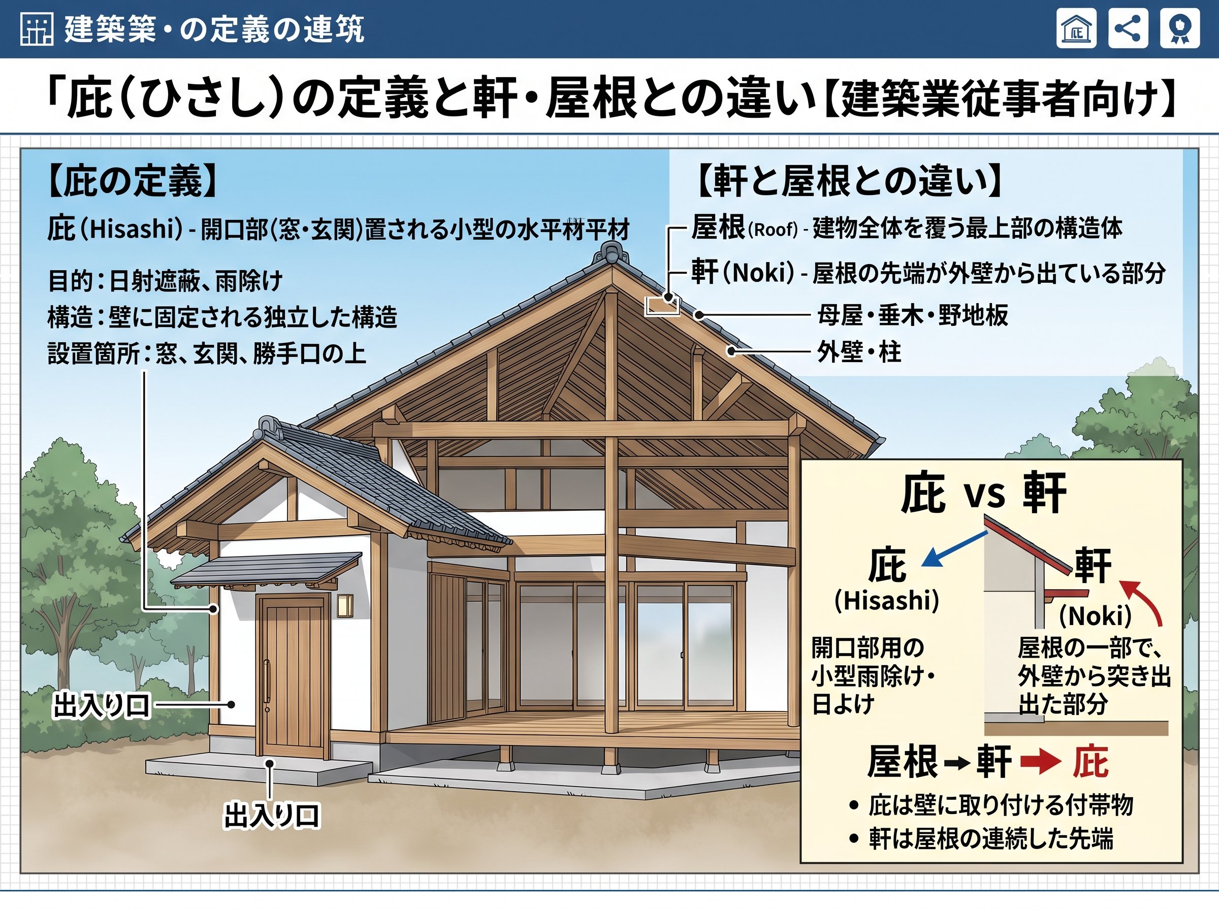 庇（ひさし）の定義と軒・屋根との違い