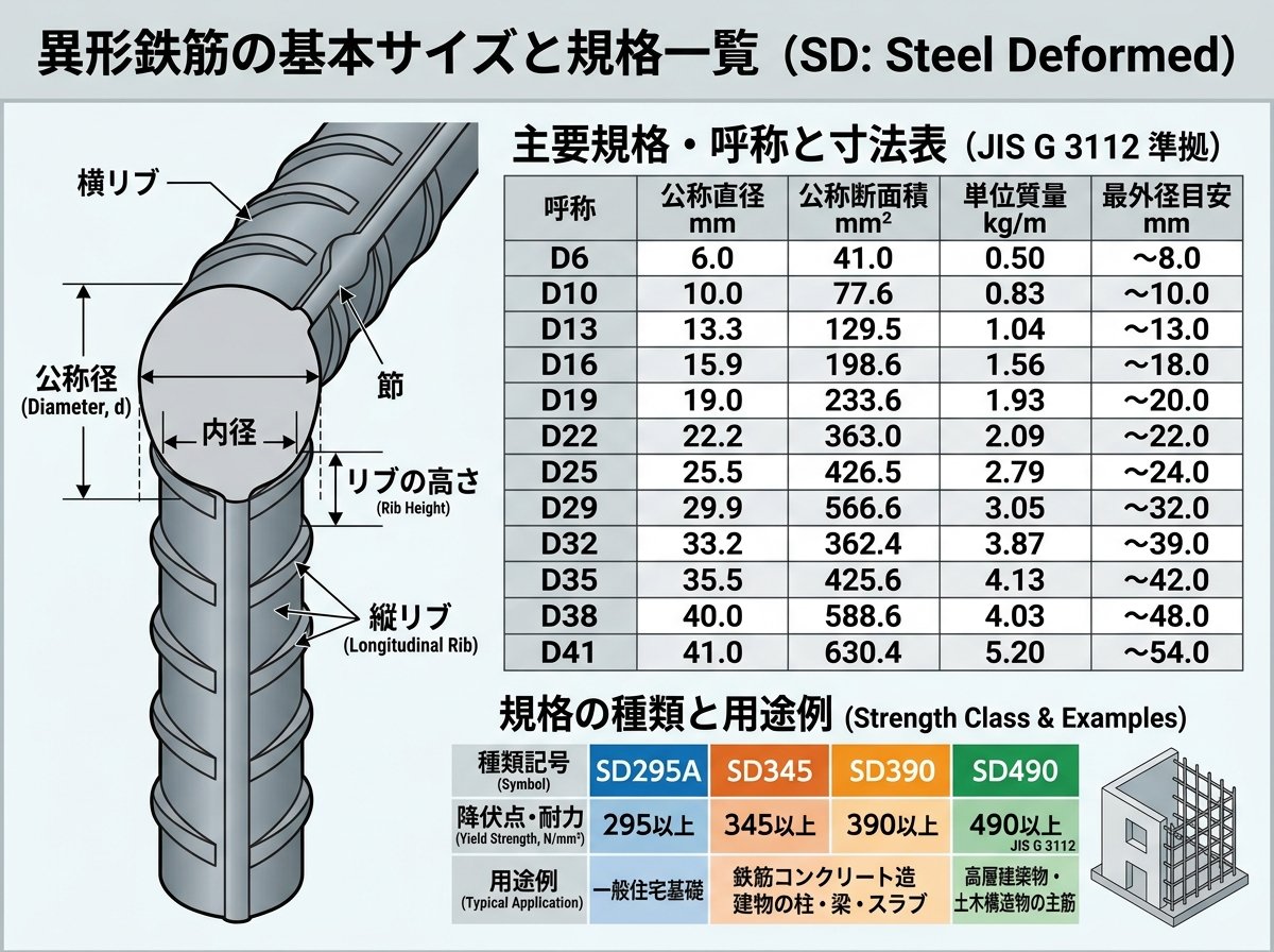 異形鉄筋の基本サイズと規格一覧