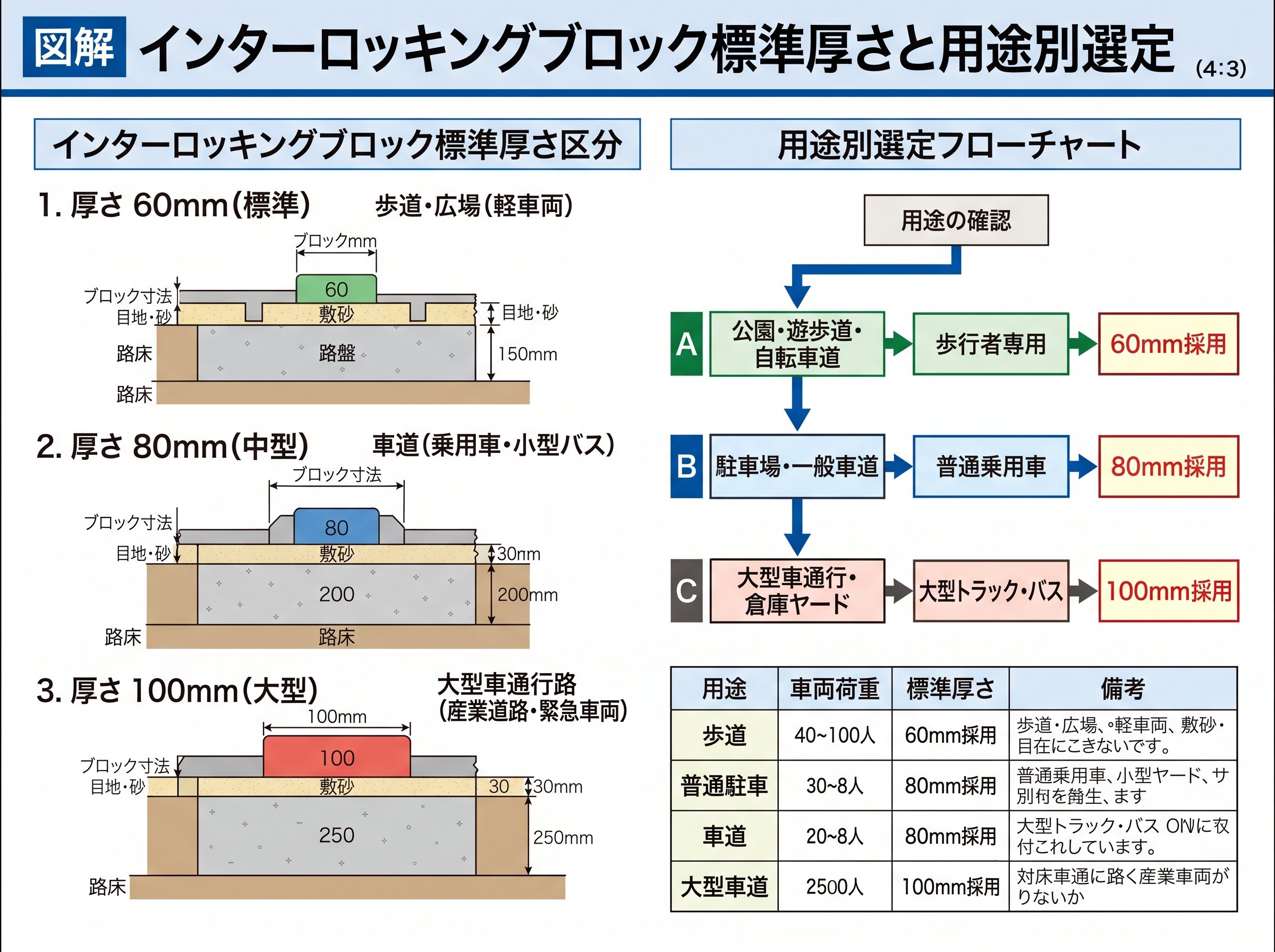 インターロッキングブロック標準厚さと用途別選定