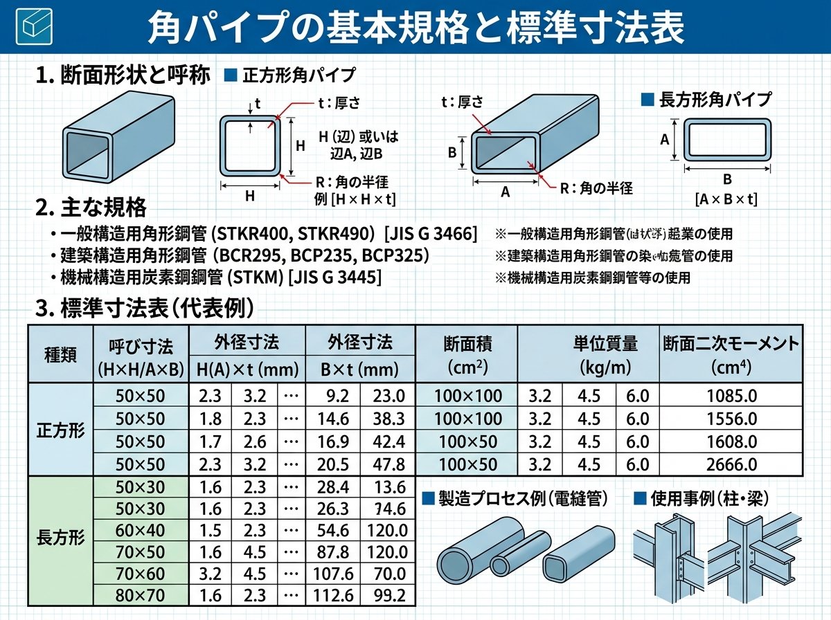 角パイプの基本規格と標準寸法表