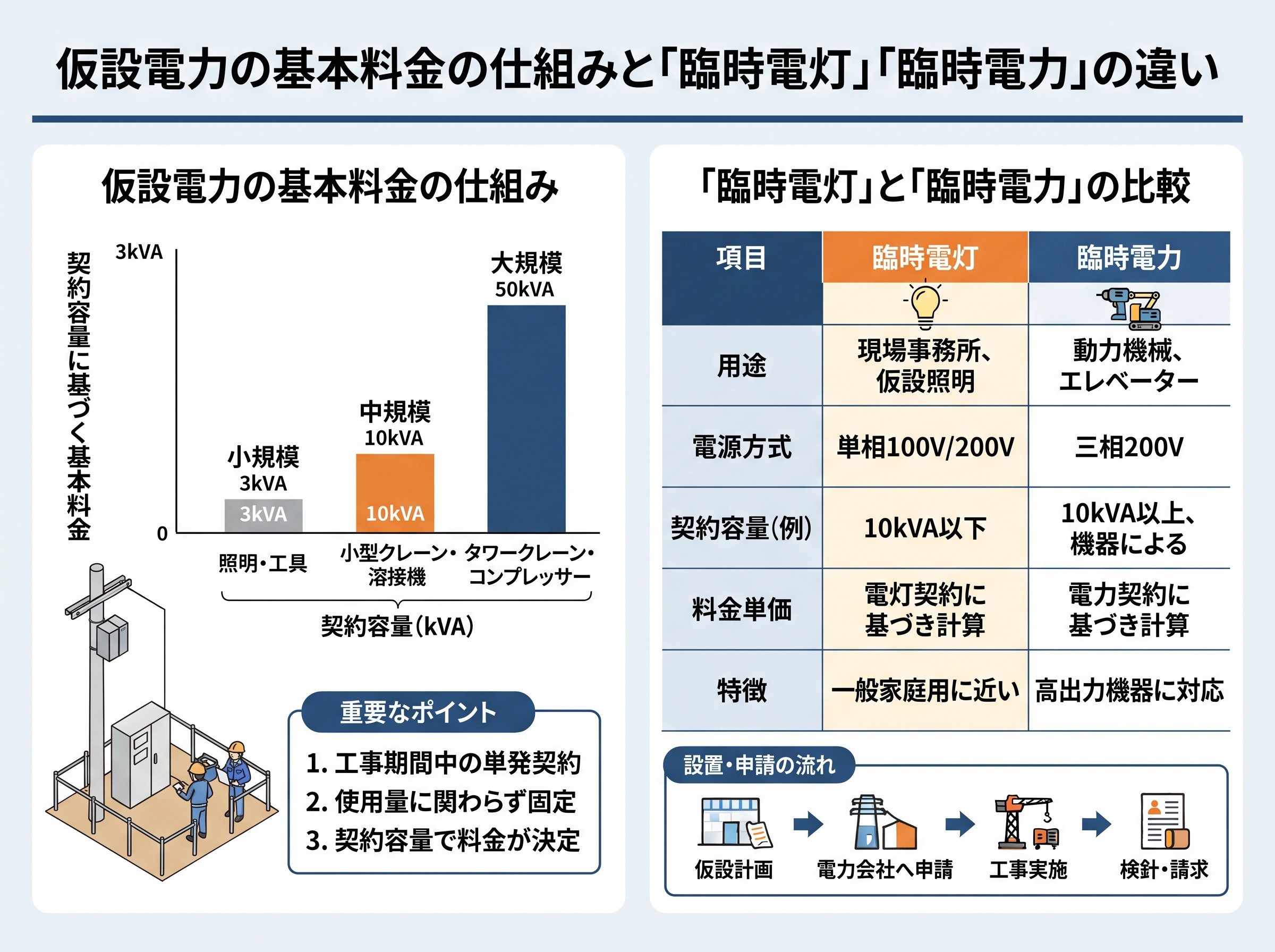 仮設電力の基本料金の仕組みと「臨時電灯」「臨時電力」の違い