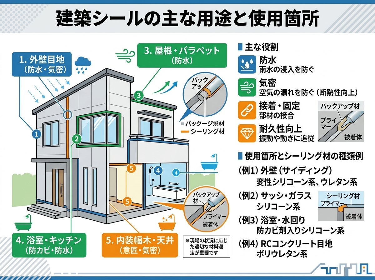 建築シールの主な用途と使用箇所