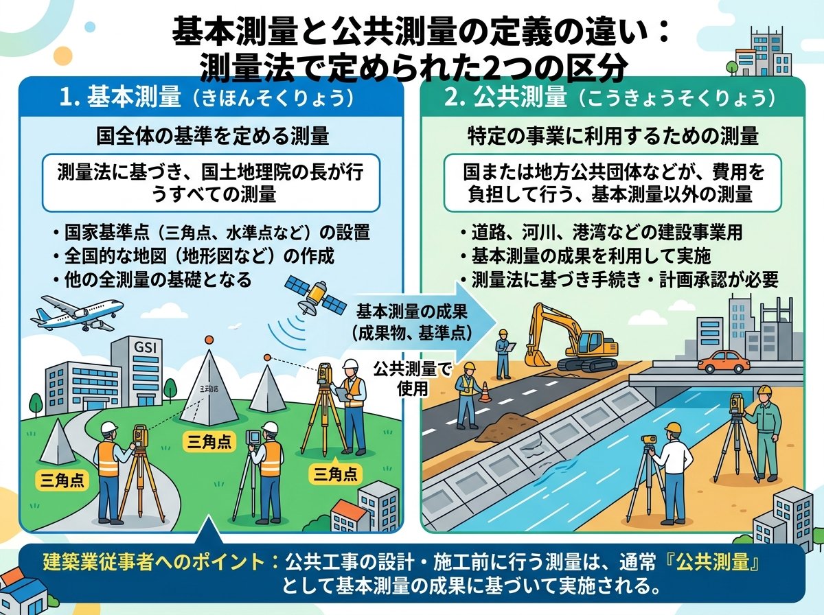 基本測量と公共測量の定義の違い：測量法で定められた2つの区分