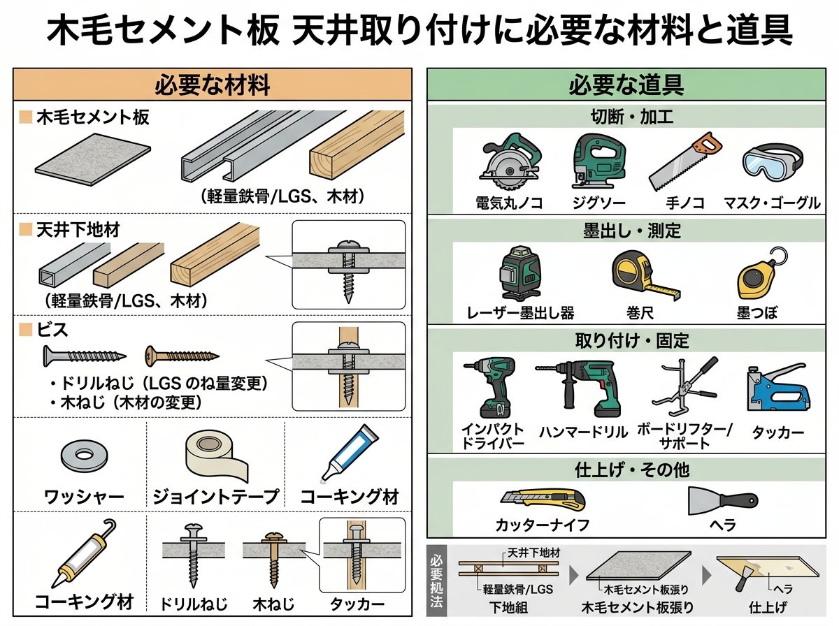 木毛セメント板の天井取り付けに必要な材料と道具