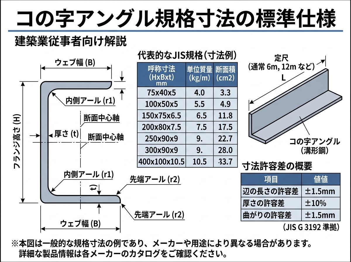 コの字アングル規格寸法の標準仕様