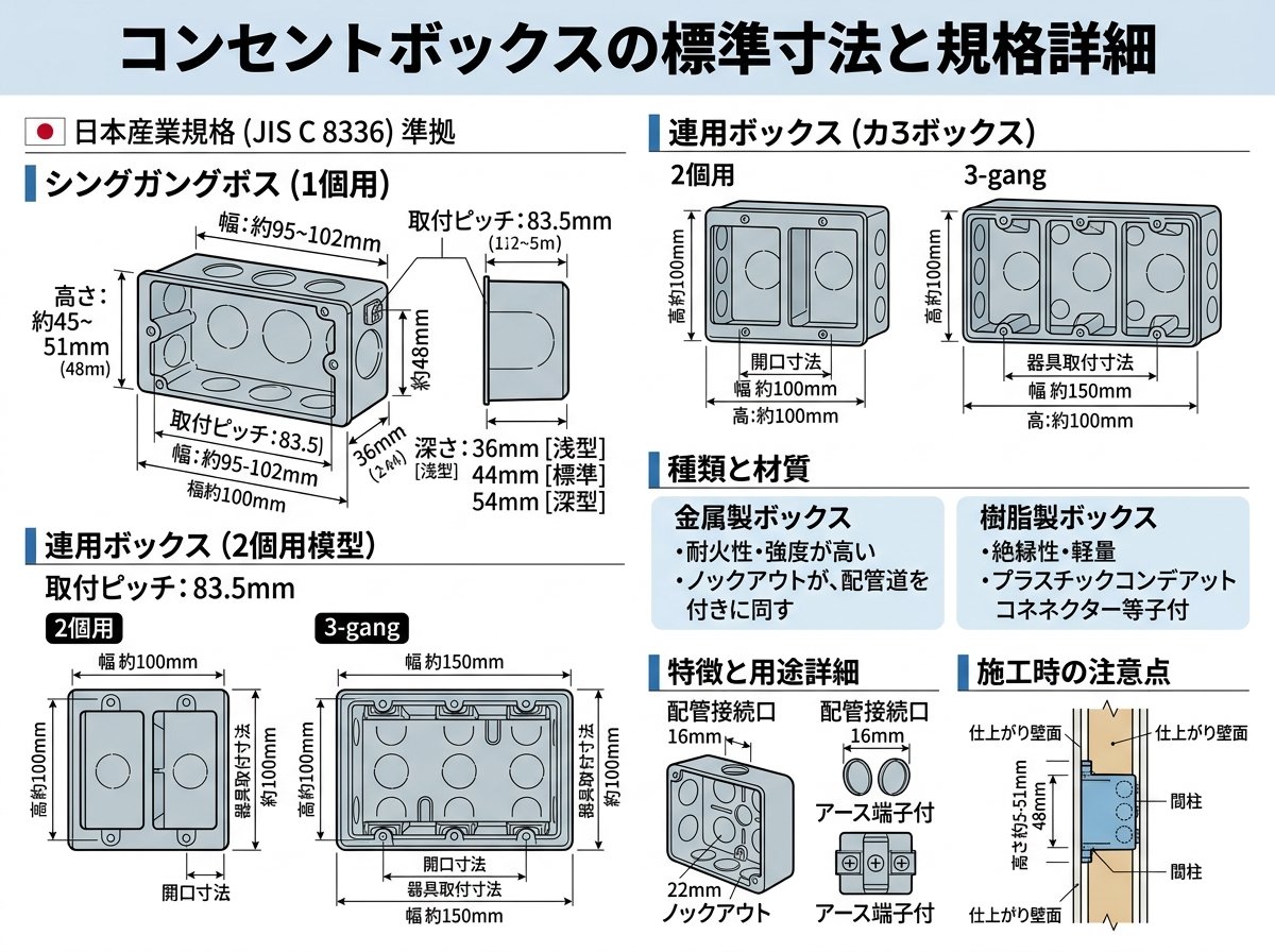 コンセントボックスの標準寸法と規格詳細