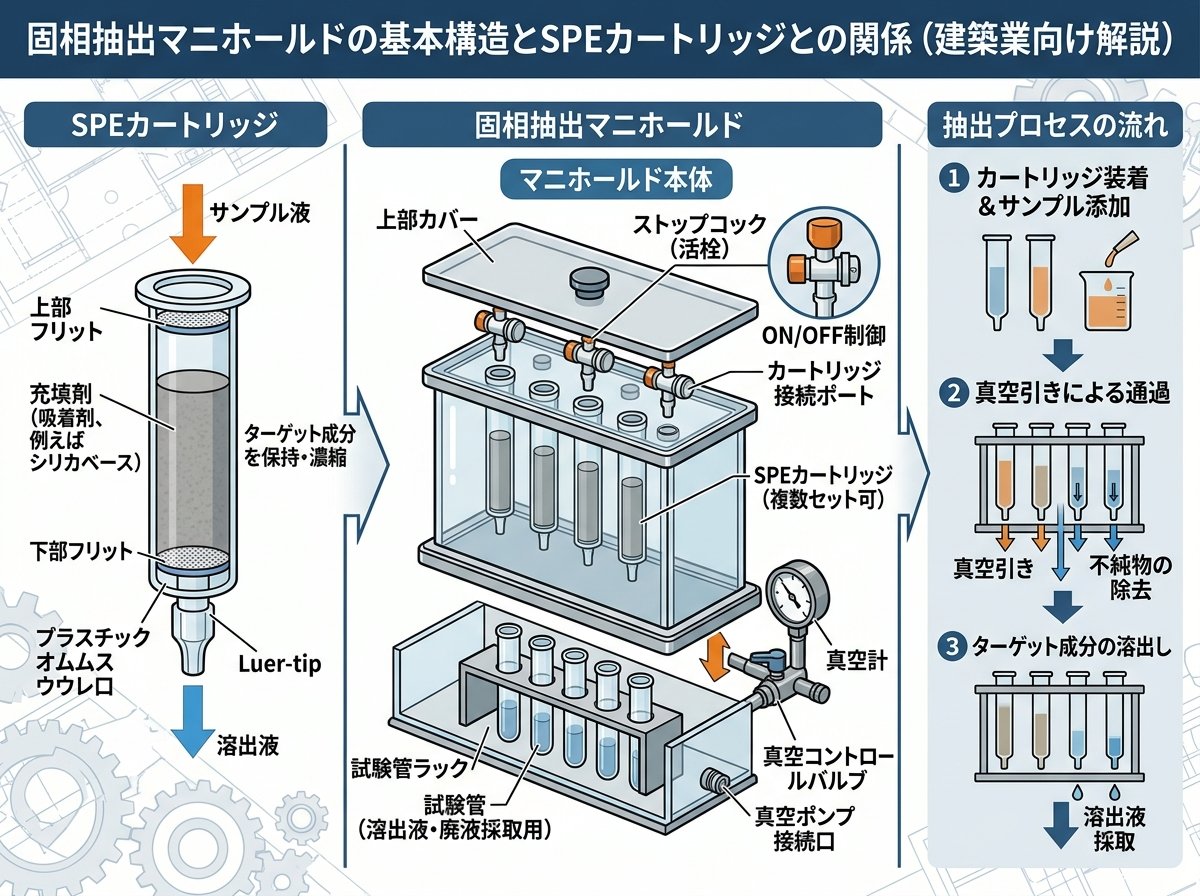 固相抽出マニホールドの基本構造とSPEカートリッジとの関係