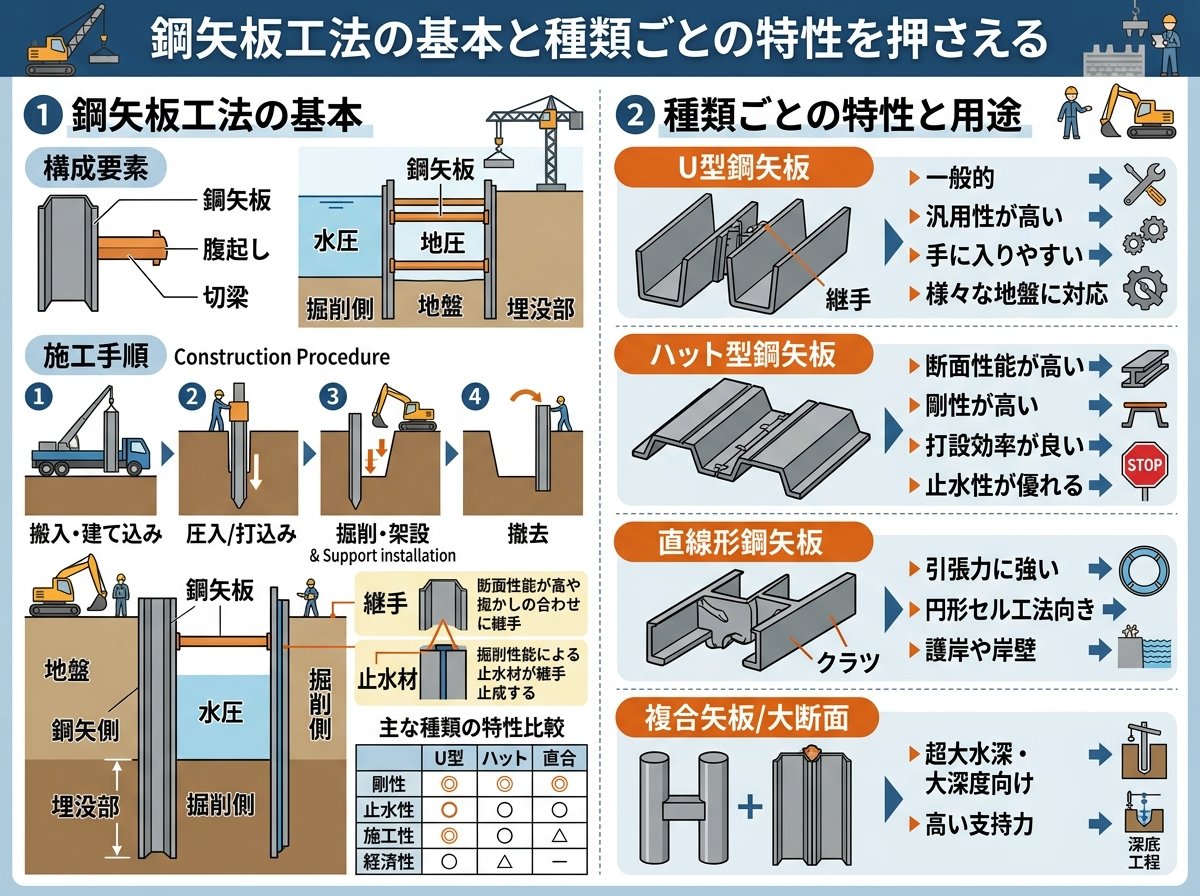 鋼矢板工法の基本と種類ごとの特性を押さえる