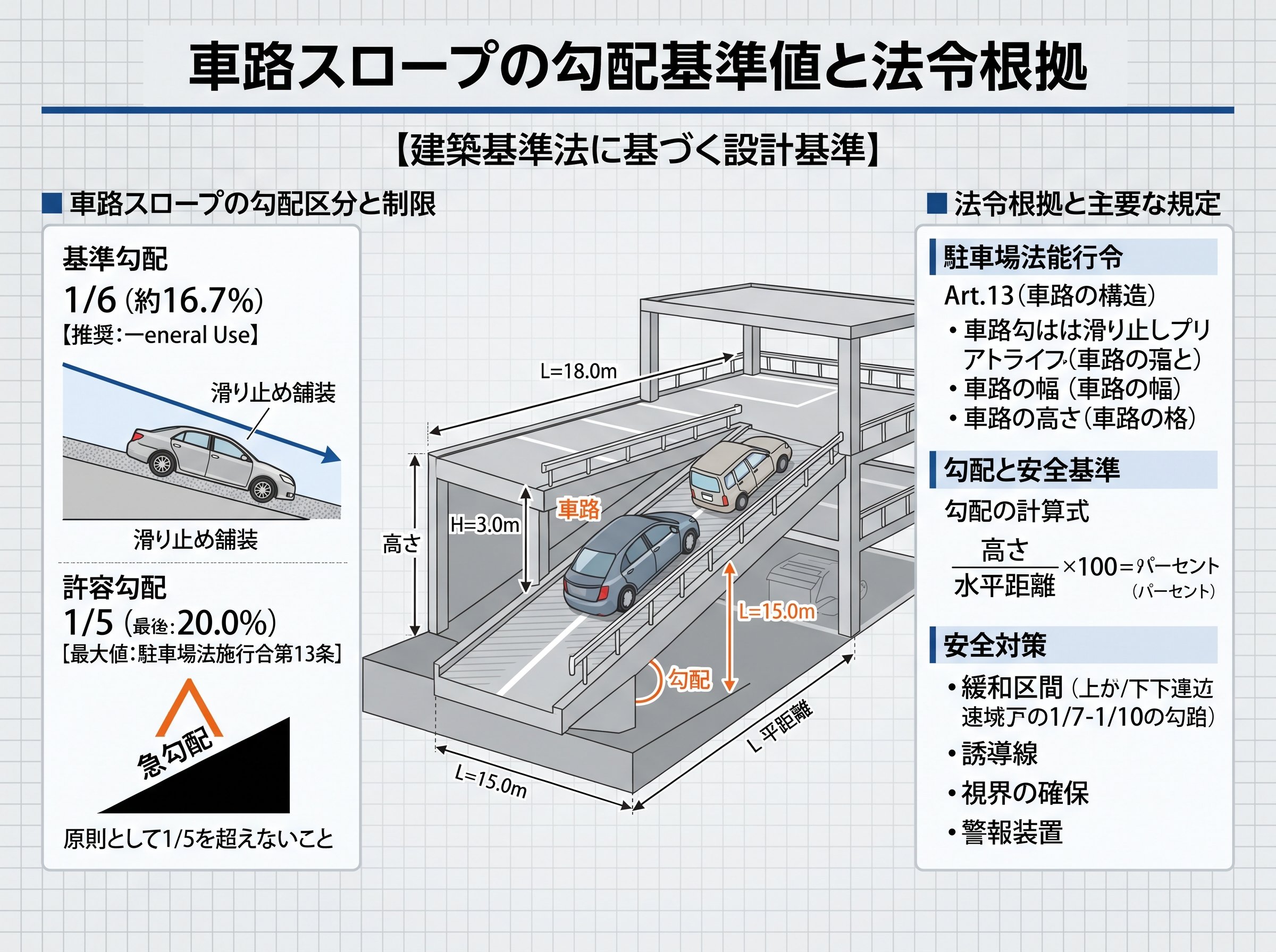 車路スロープの勾配基準値と法令根拠