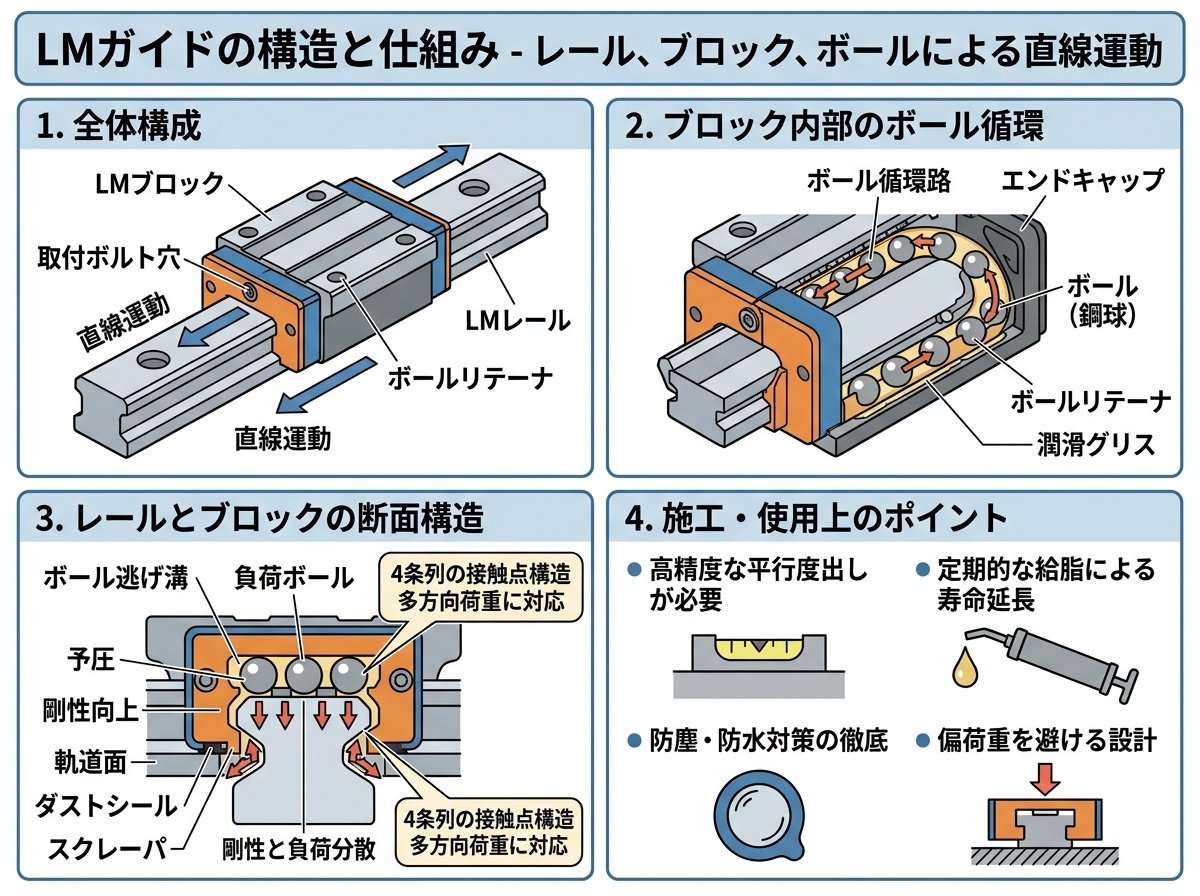 lmガイド構造のレールとブロックとボールの仕組み