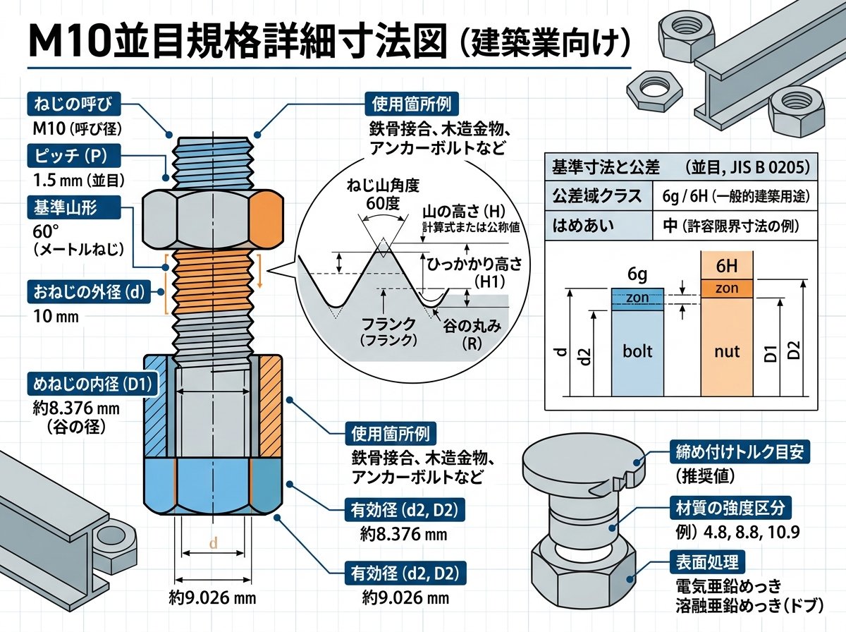 m10ネジ並目規格の詳細寸法