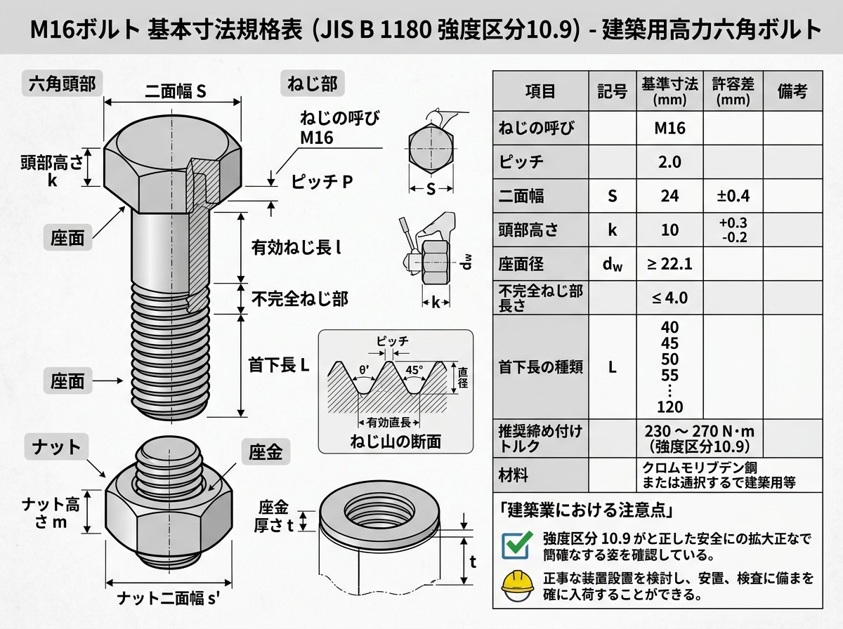 M16ボルト基本寸法規格表