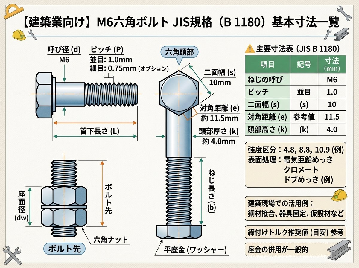 m6六角ボルトのJIS規格による基本寸法一覧