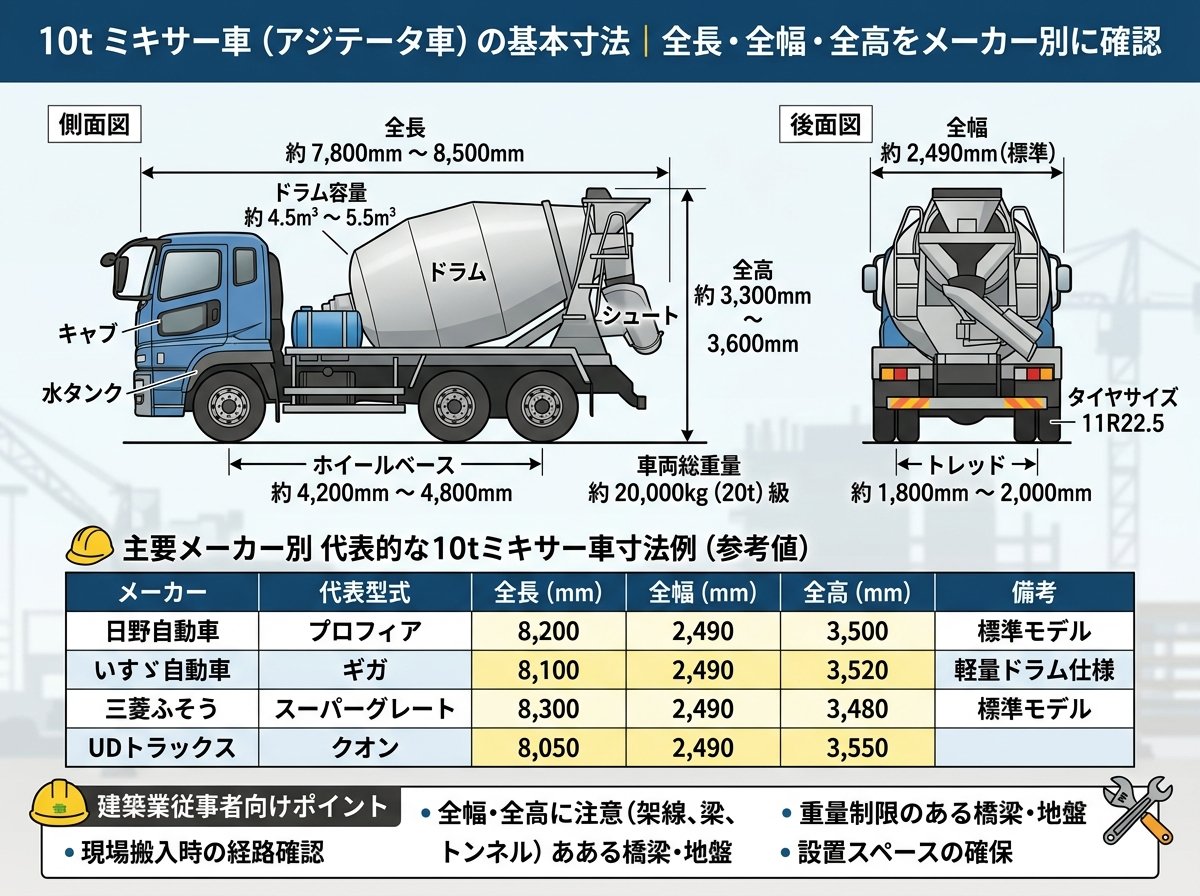 ミキサー車10tの基本寸法|全長・全幅・全高をメーカー別に確認