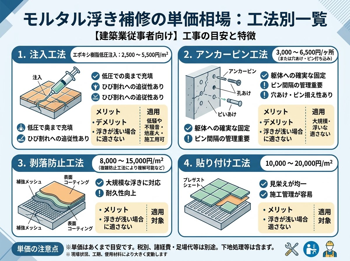 モルタル浮き補修の単価相場:工法別一覧