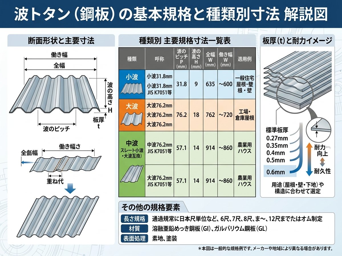 波トタンの基本規格と種類別寸法