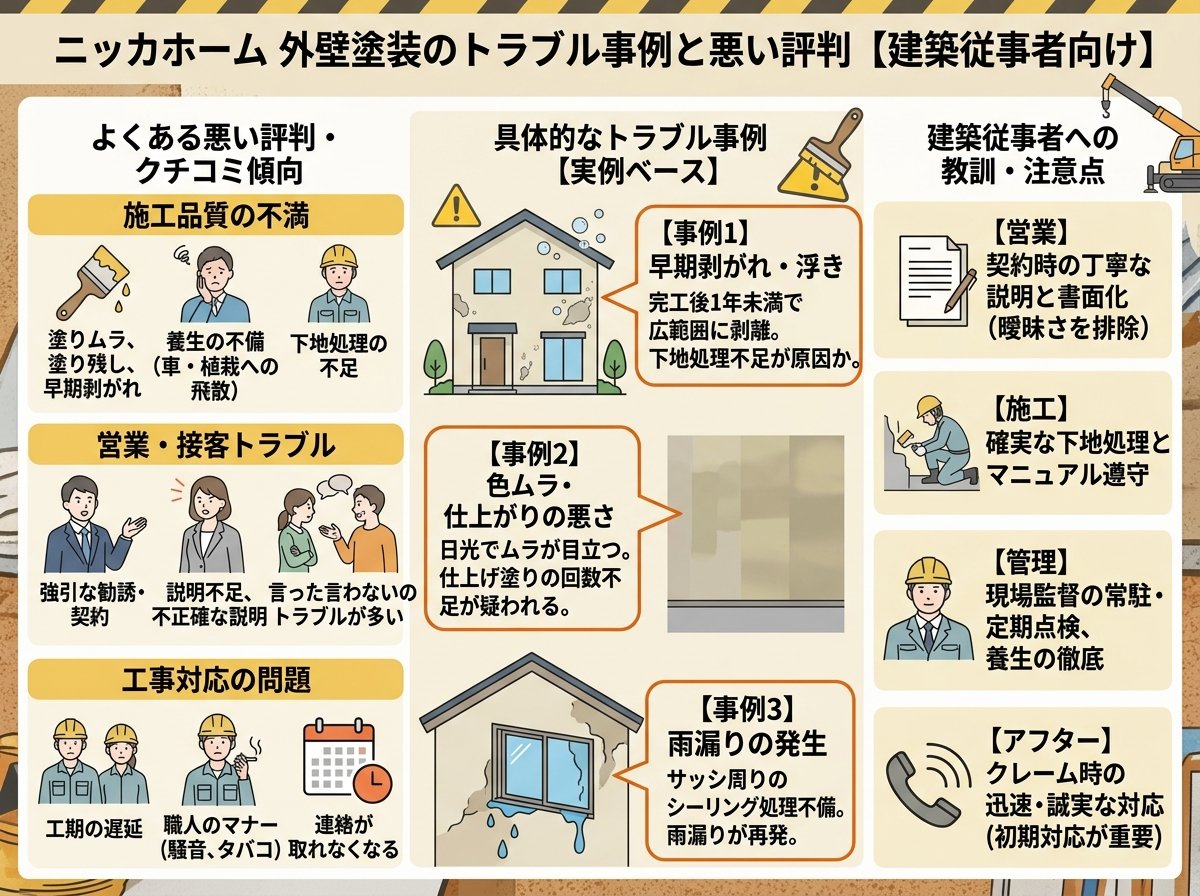 ニッカホームの外壁塗装で多い悪い評判とトラブル事例