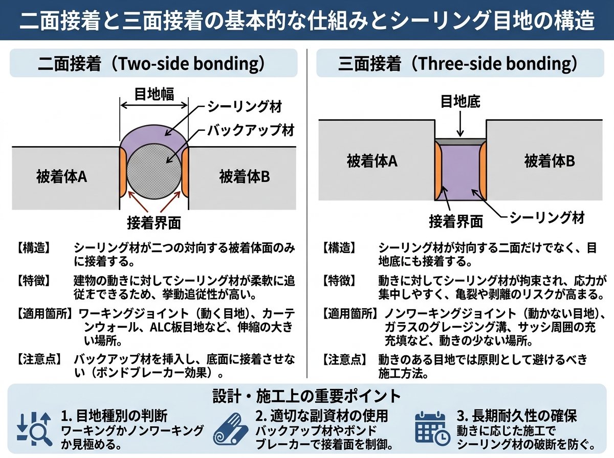 二面接着と三面接着の基本的な仕組みとシーリング目地の構造