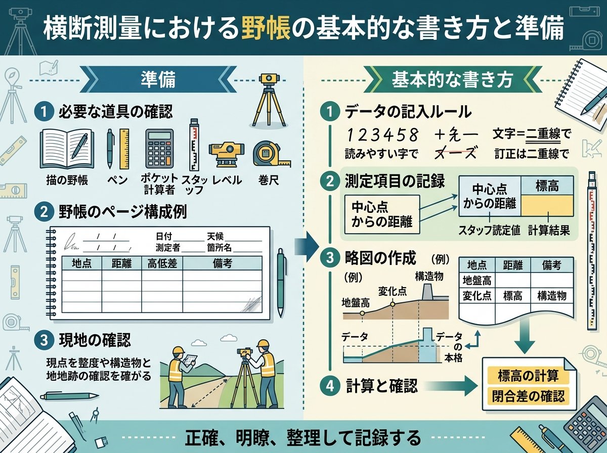 横断測量における野帳の基本的な書き方と準備