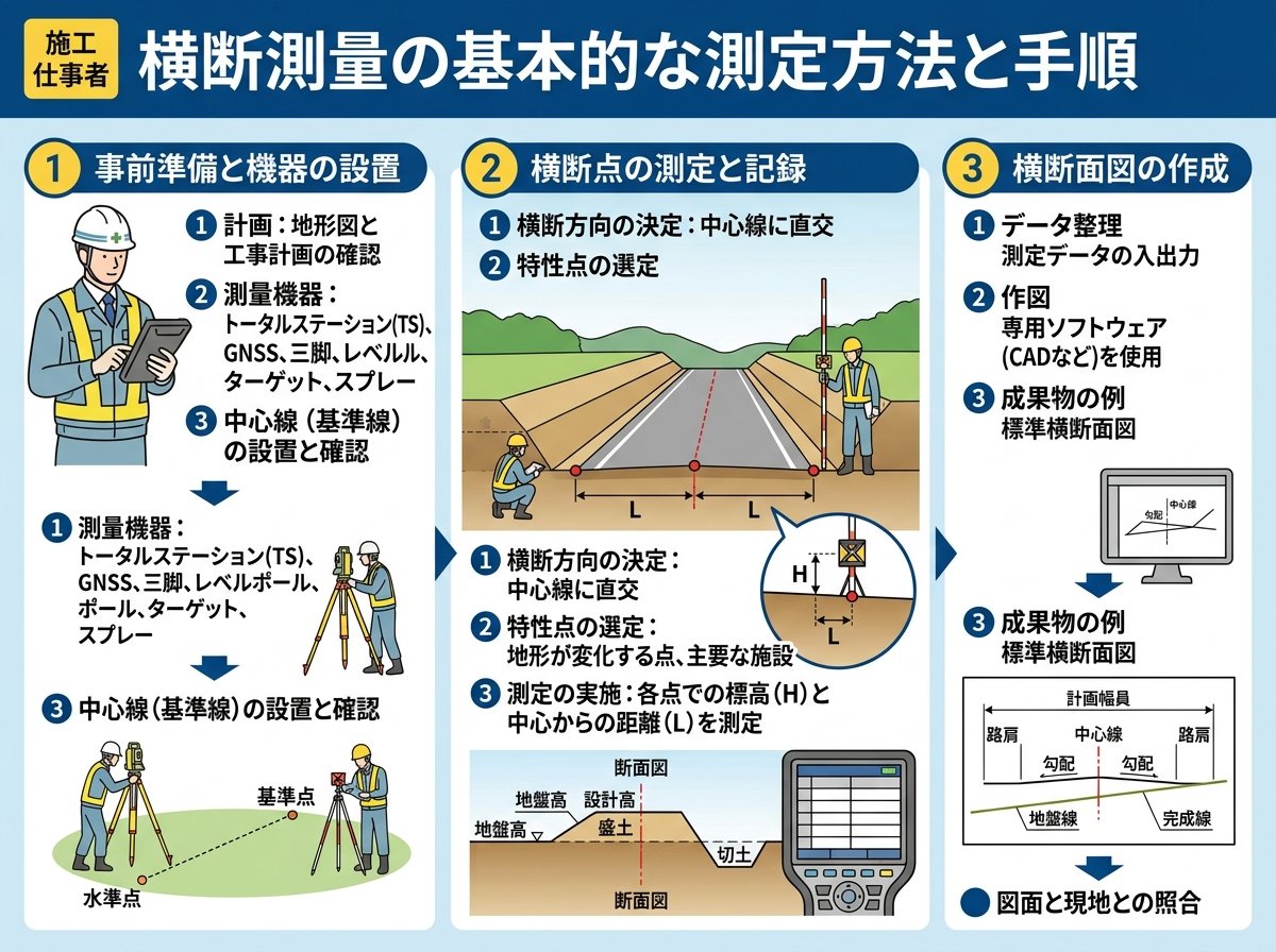 横断測量の基本的な測定方法と手順