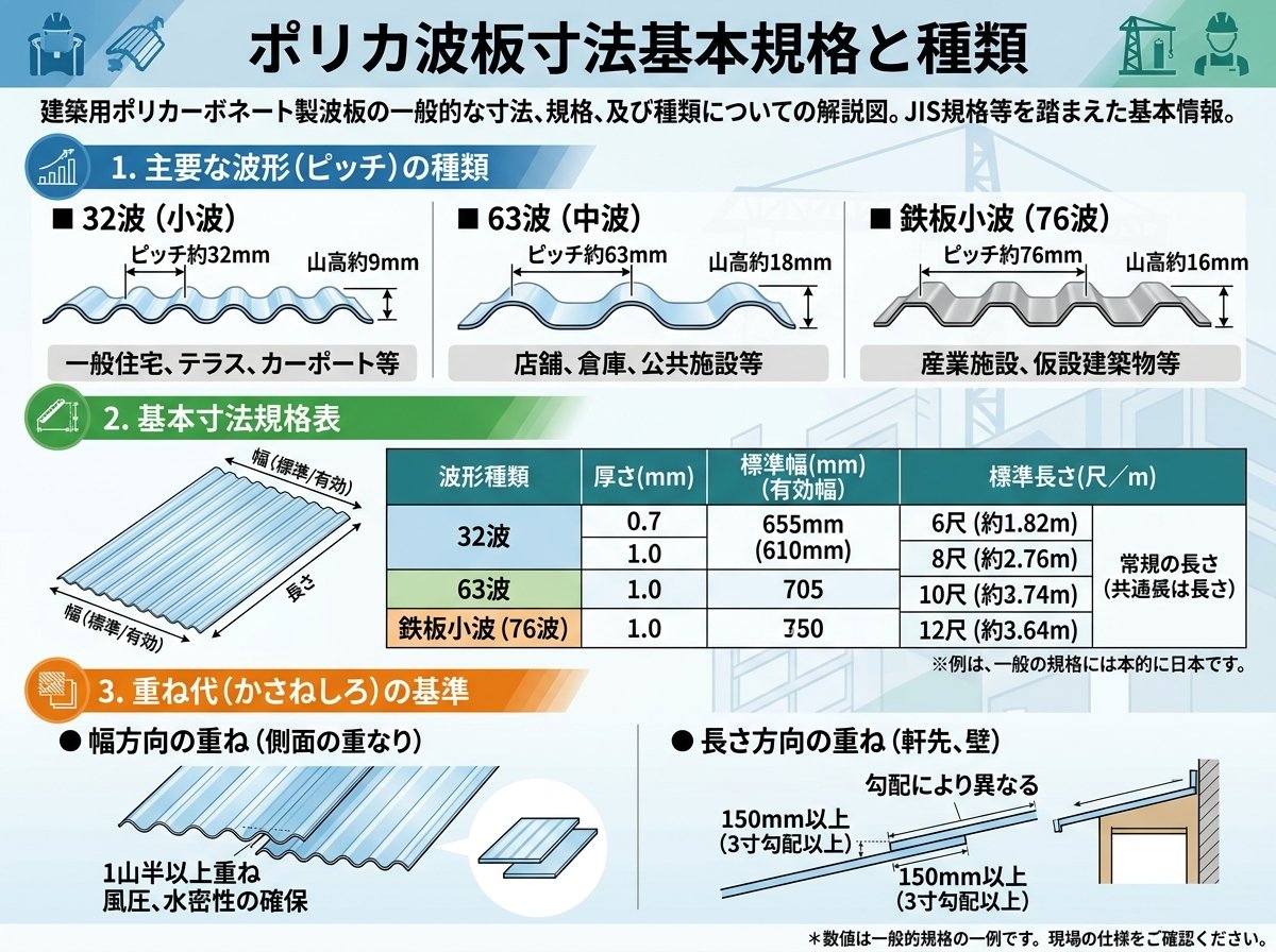 ポリカ波板寸法基本規格と種類