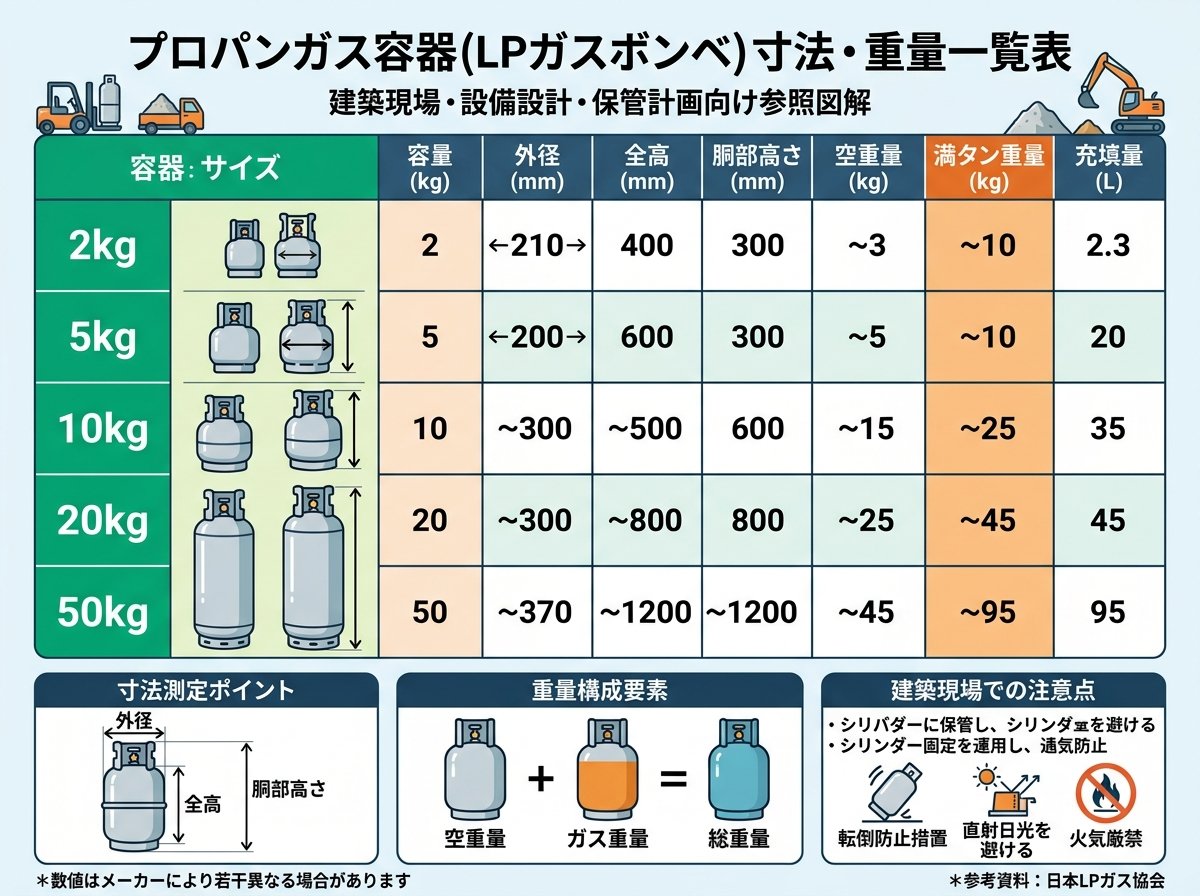 プロパンガス容器寸法一覧と重量仕様