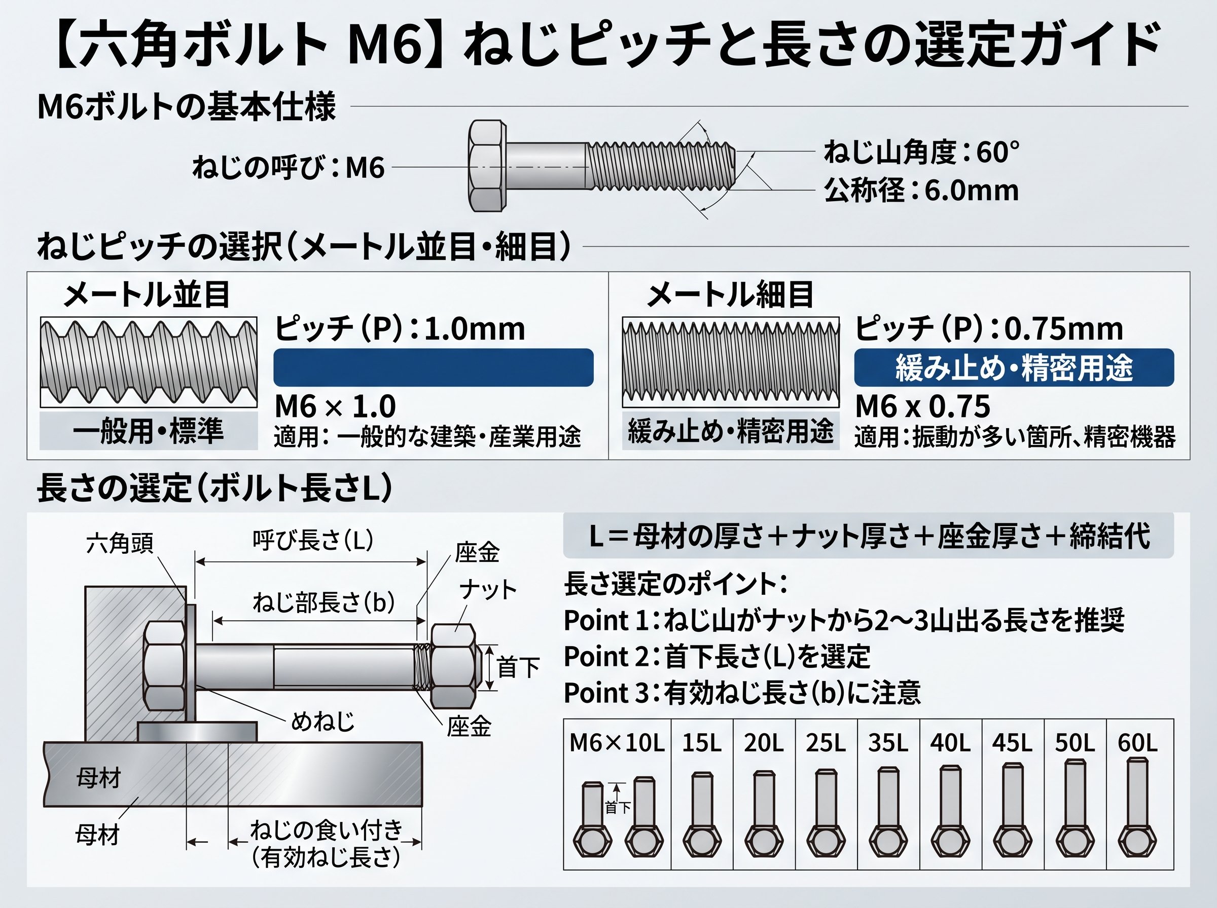 六角ボルト m6 ねじピッチと長さ選択